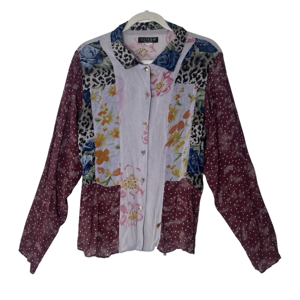 Citron Santa Monica Shirt Top Womens XL Floral Long Sleeve Patchwork Lightweight